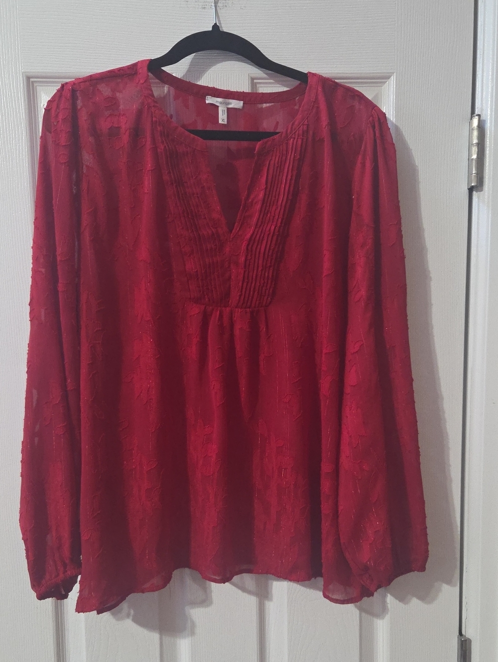 Maurices Red Long-Sleeve Pintuck V-Neck Blouse